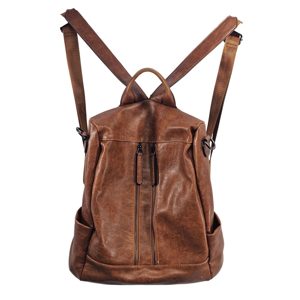 Bromen Brown Faux Leather Convertible‎ Backpack Purse